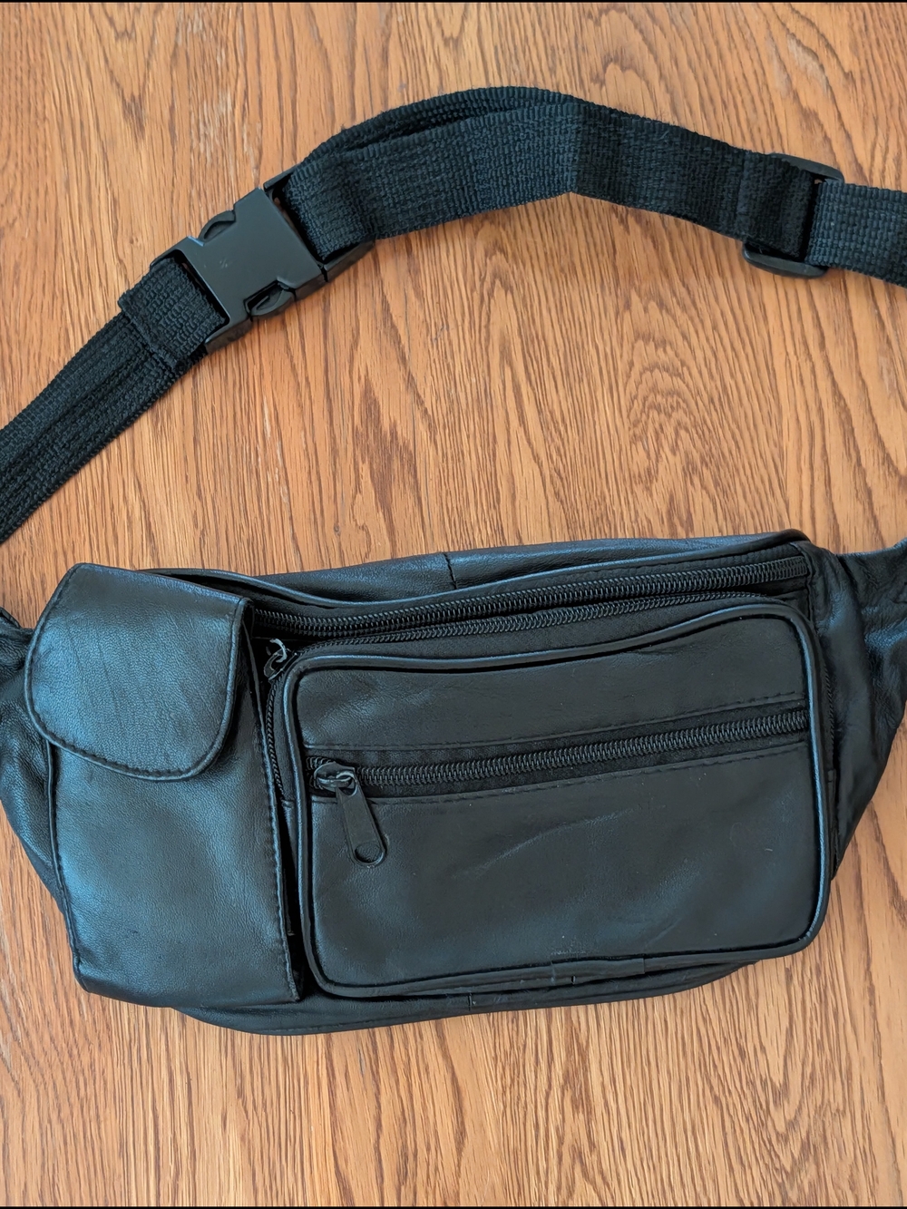 Vintage Black Leather Belt Bag Fanny Pack Adjustable Strap Multiple Pockets - Picture 2 of 13